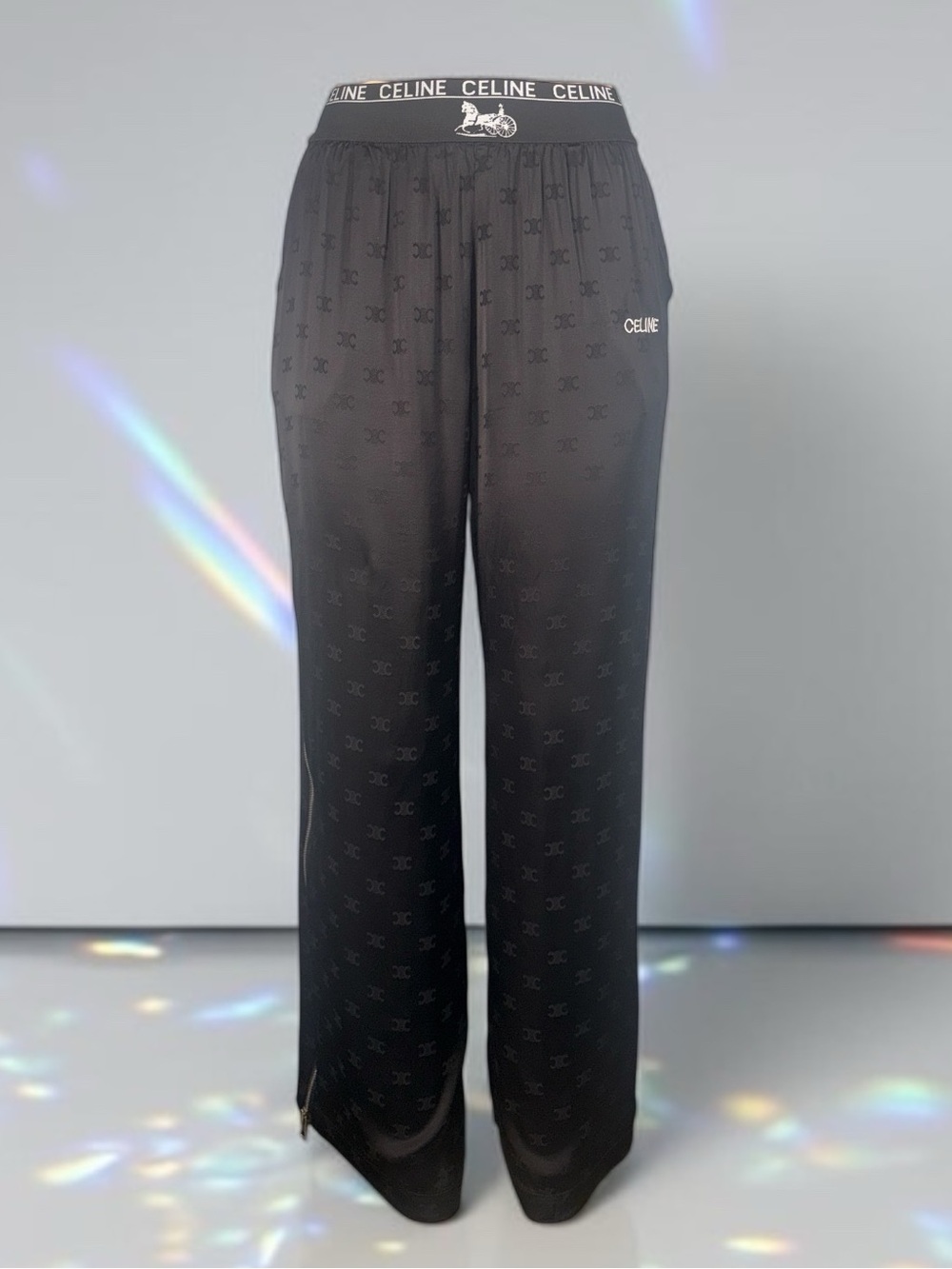 Celine Black Satin Monogram Lounge Trousers